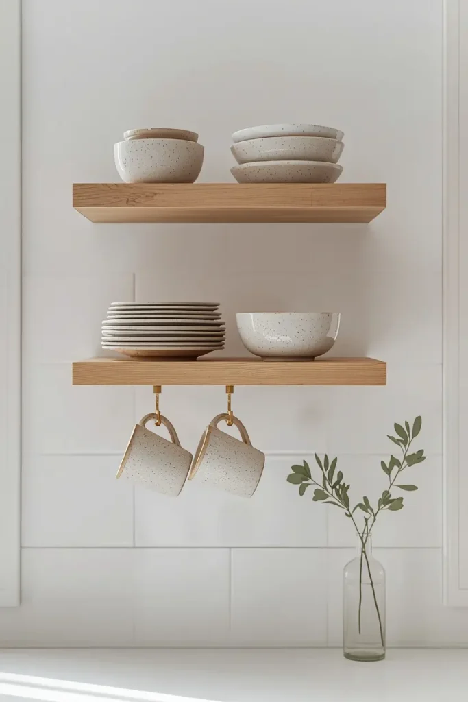 Kitchen decor ideas with two light oak floating shelves holding speckled stoneware bowls, plates, and mugs on brass hooks