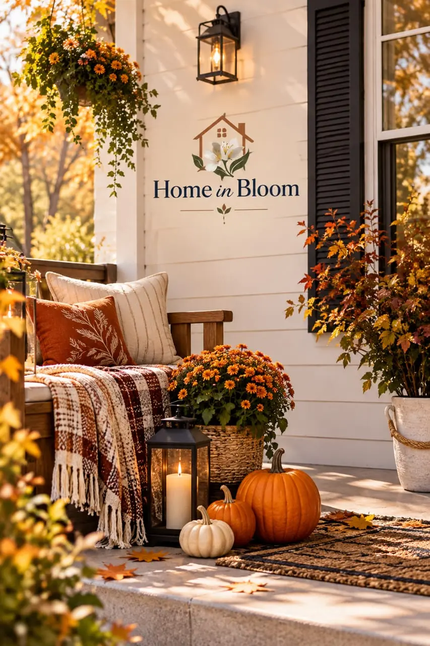 Fall porch decor 2026 with cozy bench, plaid throw, mums, lantern and pumpkins