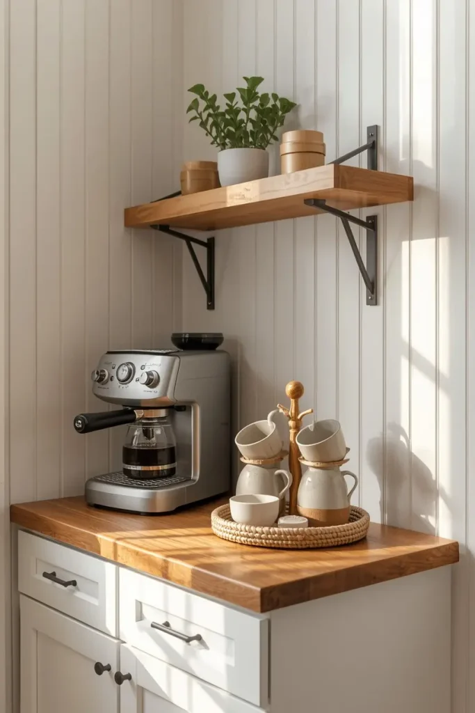 Coffee station on a butcher block counter with an espresso machine, wooden mug tree, stoneware mugs on a woven tray, and a wood shelf with a plant against a white beadboard wall