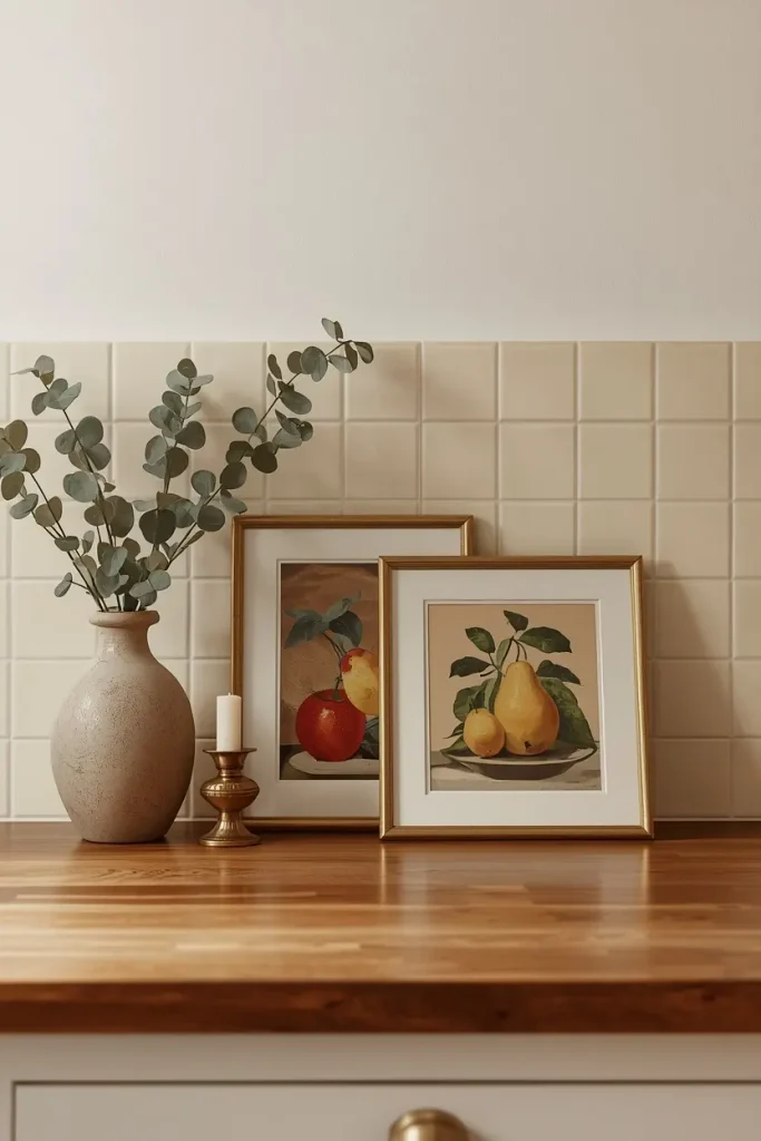 Two framed still life prints of apples and pears in gold frames leaning against cream tiles on a wood counter beside a vase of eucalyptus and a brass candlestick