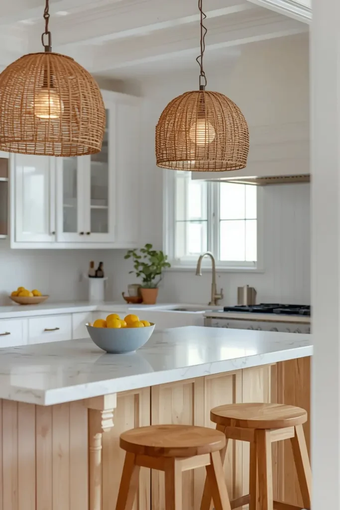 Two woven rattan dome pendant lights glowing over a light wood kitchen island with a white stone top, round wooden stools, and a blue bowl of lemons