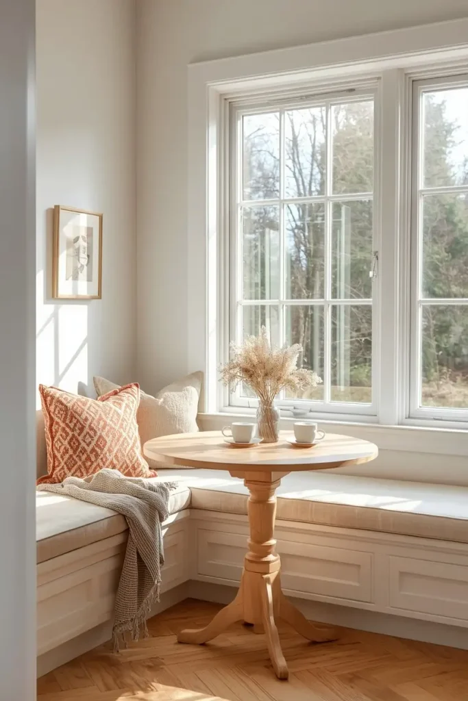 Built-in white window bench with cream cushions, a rust patterned pillow, a knit throw, and a round wood pedestal table with two coffee cups and dried grasses