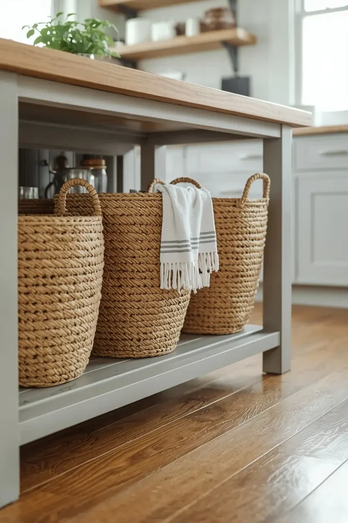 Three woven seagrass baskets with handles on the open bottom shelf of a grey kitchen island, a striped white tea towel draped over one, on a wood floor