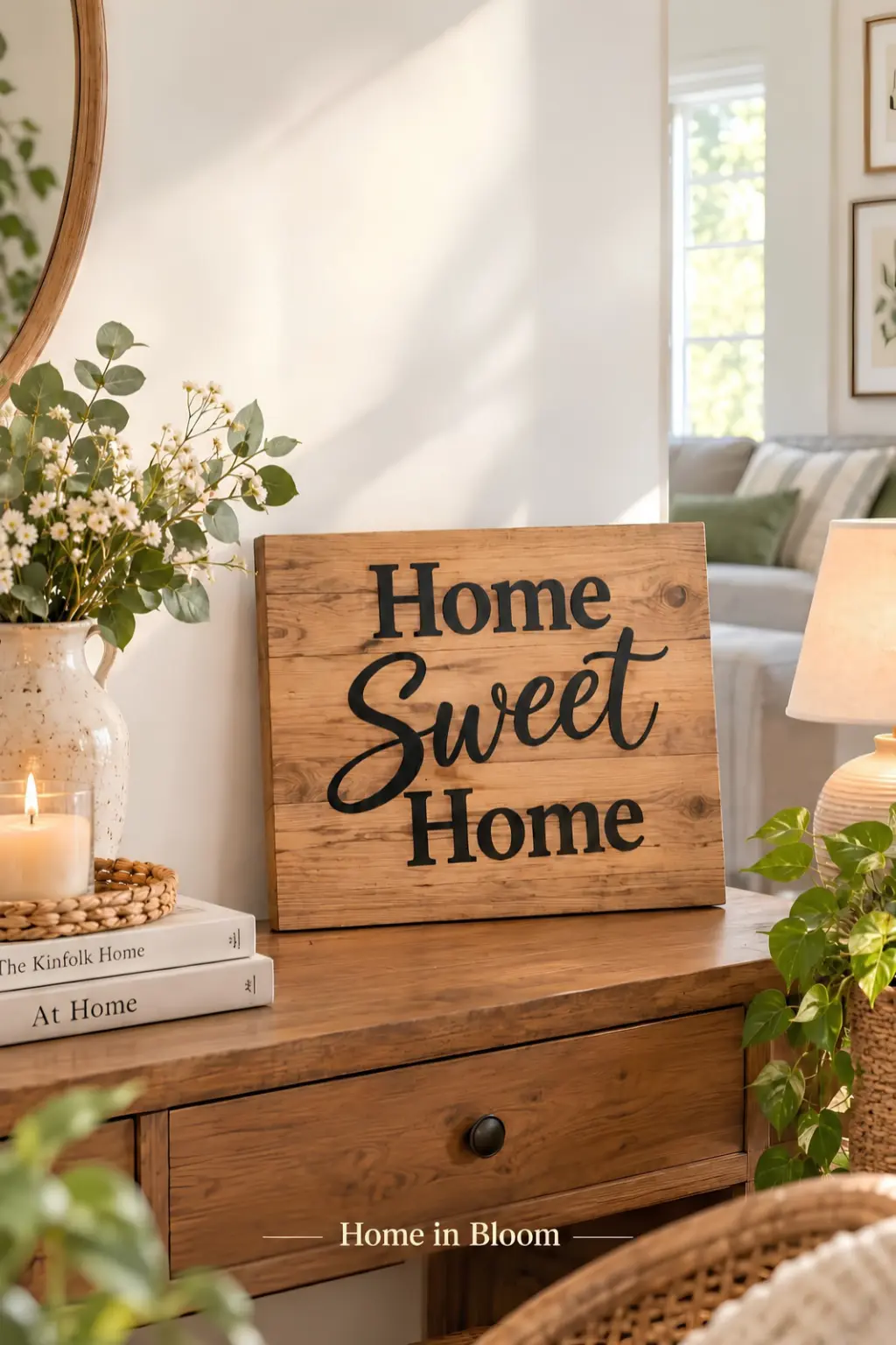 15 home sweet home sign ideas for every room, wood sign hanging above an entryway console table