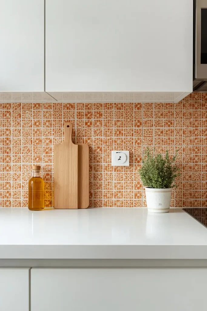 Terracotta and cream patterned tile backsplash behind a white counter with two wooden cutting boards, an unlabeled olive oil bottle, and a potted herb