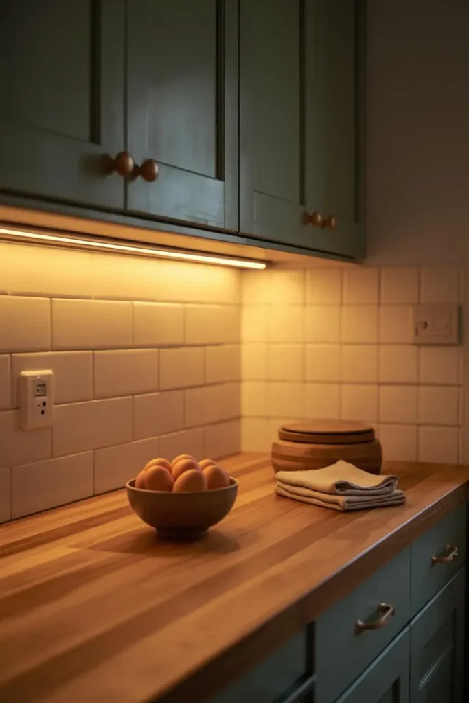 Warm LED strip light glowing under sage green cabinets onto cream tiles, a butcher block counter, a bowl of brown eggs, and folded linen napkins