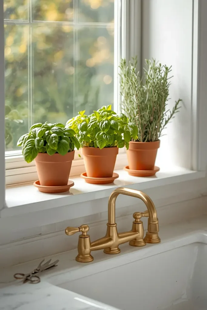 Two pots of basil and one pot of rosemary in terracotta pots with saucers on a white windowsill above a brass bridge faucet and white sink
