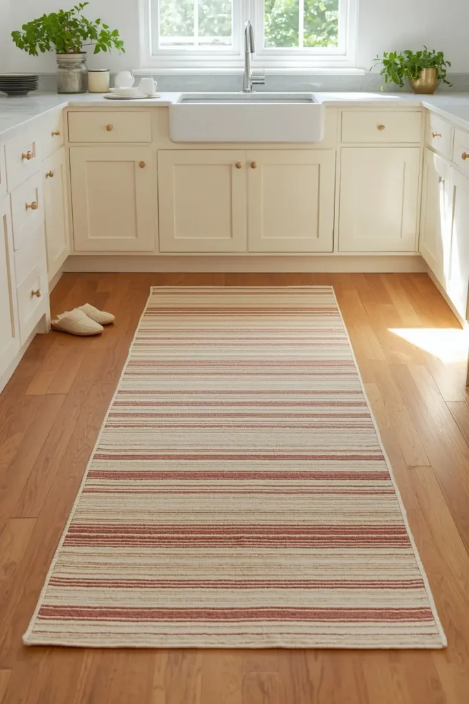 Cream and rust striped runner rug on a warm wood floor in front of a white farmhouse sink with cream shaker cabinets and brass knobs, cream slippers beside it