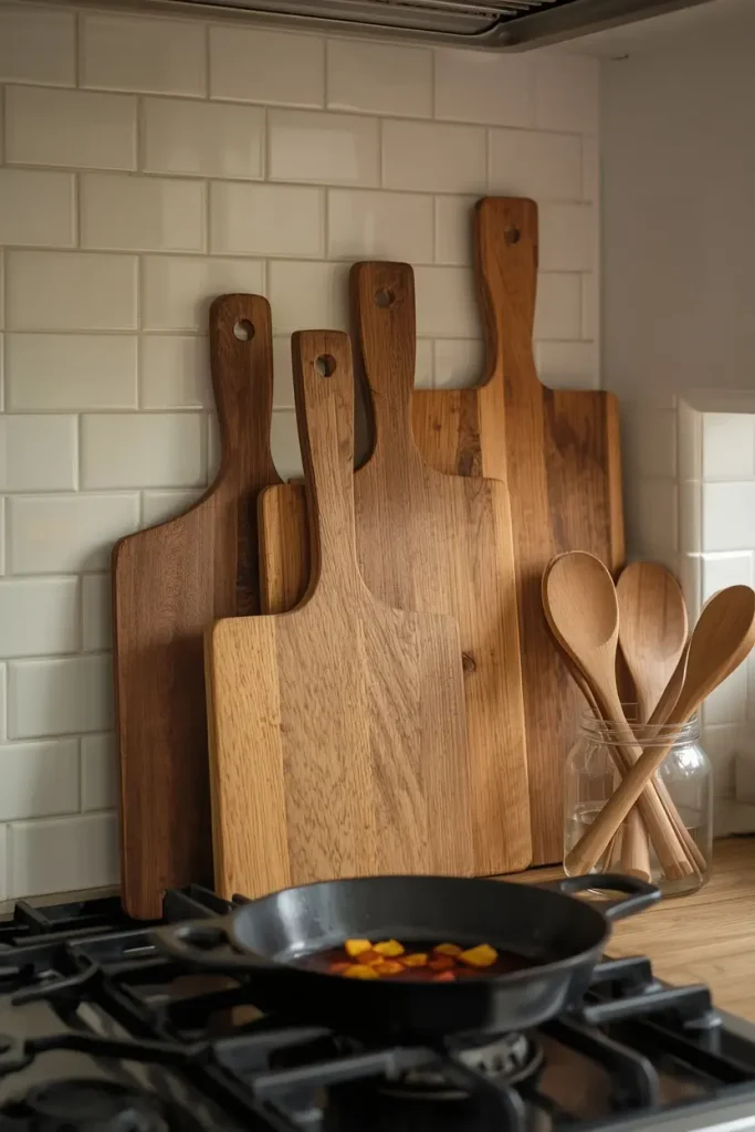 Four wooden cutting boards with handles in different wood tones layered against white subway tile behind a gas stove with a cast iron pan and a glass jar of wooden spoons