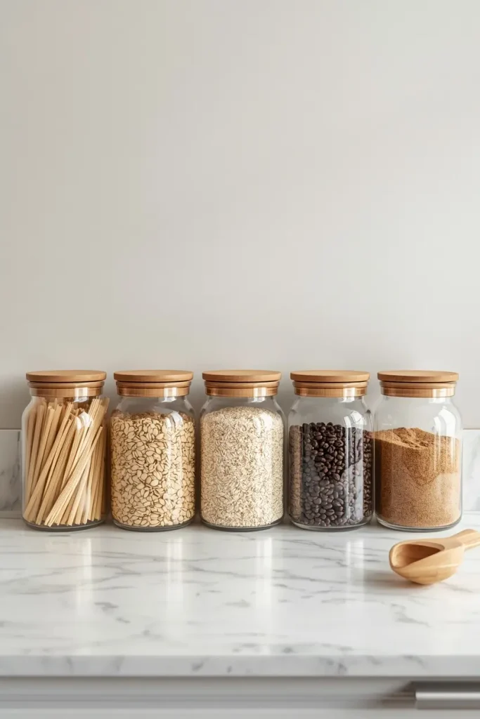 Five clear glass canisters with bamboo lids holding dried pasta, oats, grains, coffee beans, and brown sugar on a white marble counter with a wooden scoop