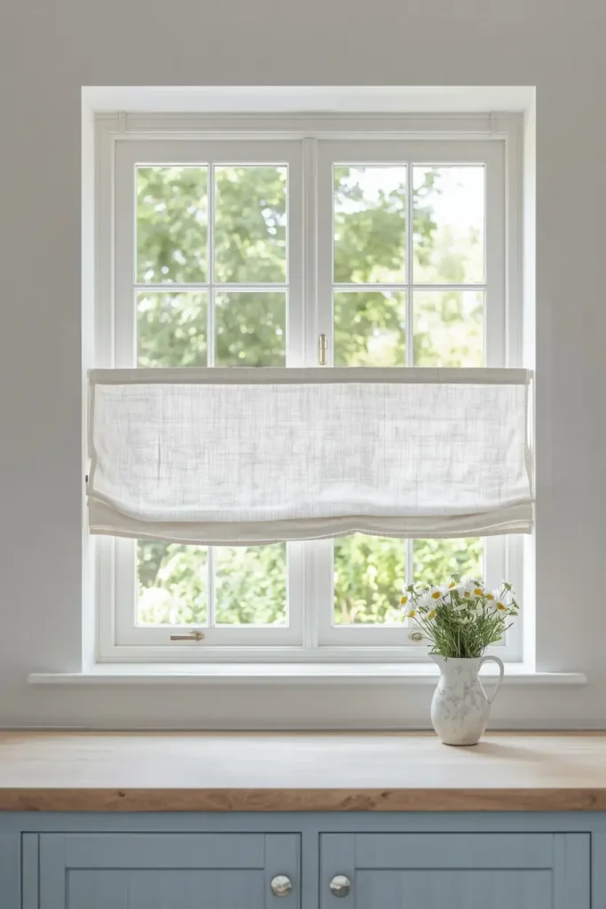 White linen Roman shade half lowered on a white kitchen window with green trees outside, a floral pitcher of daisies on the sill, and pale blue cabinets below