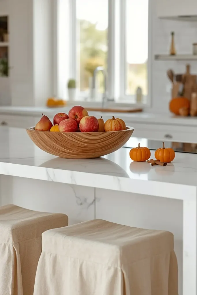 Large wooden bowl of red apples, pears, and small pumpkins on a white marble island with two mini pumpkins, cinnamon sticks, and linen slipcovered stools