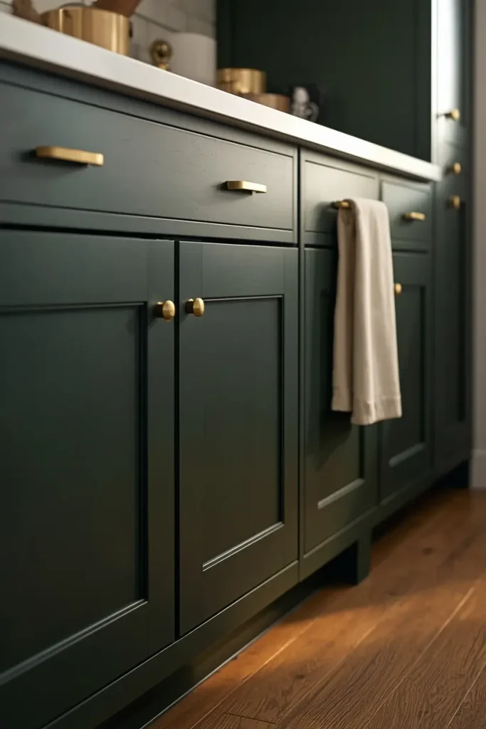 Dark forest green shaker cabinets with brushed brass bar pulls and round brass knobs, a cream towel hanging from one pull, above a warm wood floor