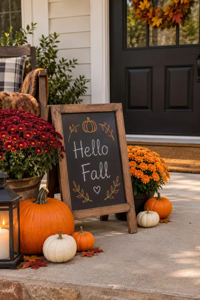 Hello fall chalkboard sign on front porch with pumpkins