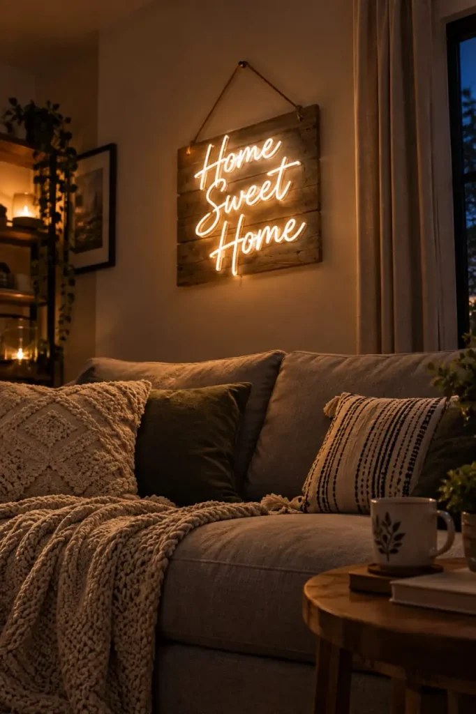 Warm white neon home sweet home sign on a rustic wood board glowing above a sofa at night