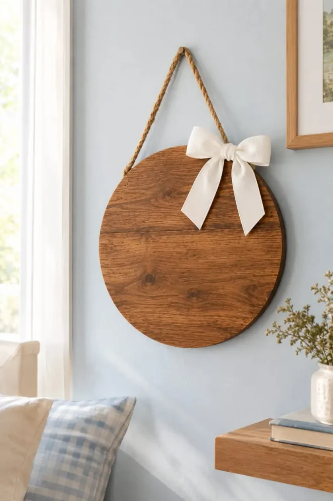 Round wood sign with a cream ribbon bow and jute cord hanger on a pale blue wall