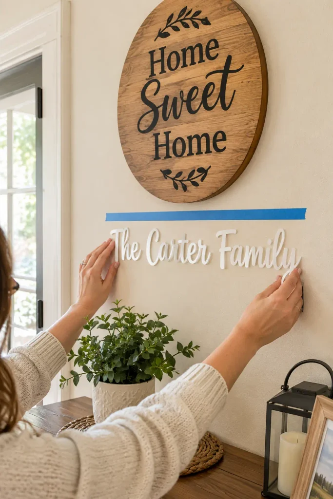 Hands pressing white vinyl letters that spell The Carter Family below a round wood sign with painter's tape