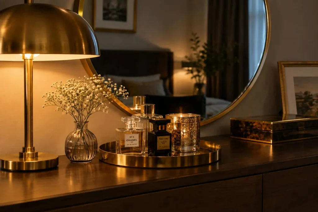 Brass dome lamp glowing on a dark dresser with perfume bottles on a mirrored tray