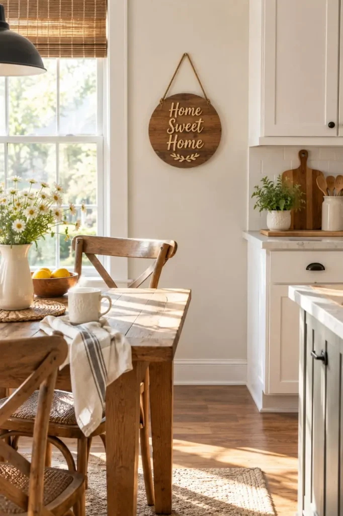Small round home sweet home sign on a kitchen wall beside a dining nook with daisies and lemons