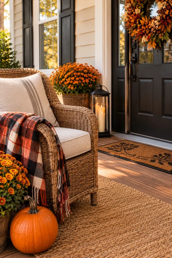 Wicker porch chair with plaid throw and pumpkin fall decor