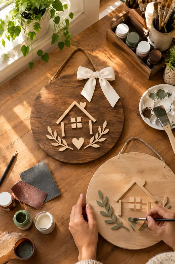 Two round wood signs with a house design, one finished and one being painted by hand, with paint pots nearby