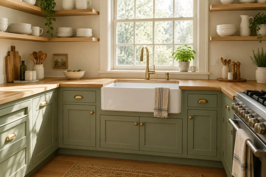 Sage green cabinets with a white apron sink under a window and open wood shelves of white dishes
