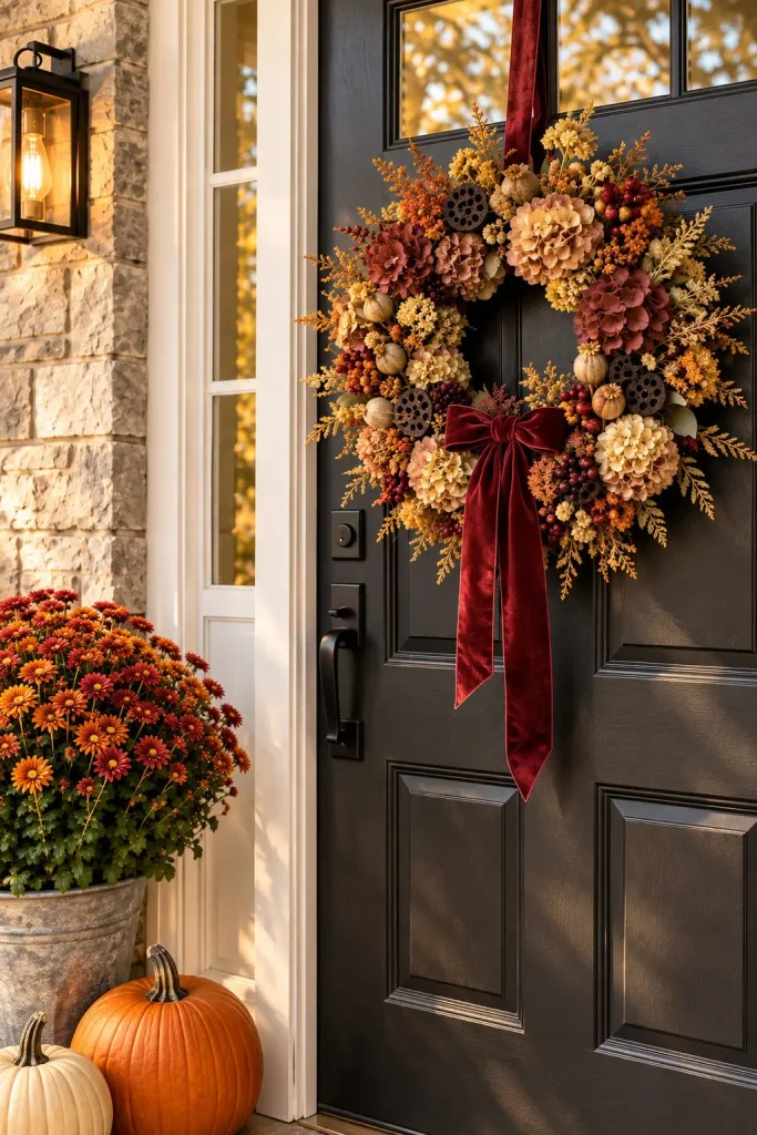 Dried floral fall wreath hanging on front door