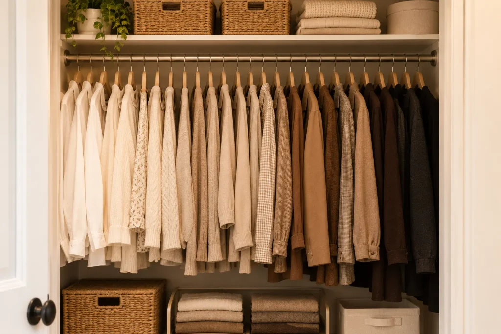 Clothes arranged from white to beige, brown, and black on wooden hangers