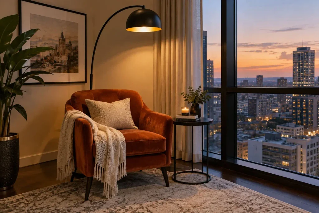 Rust velvet armchair with a black arc floor lamp by a window with a sunset city skyline
