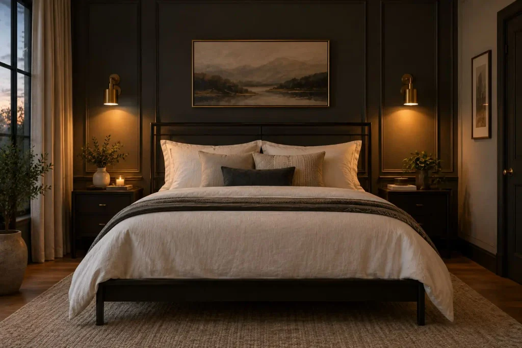 Deep charcoal paneled wall with brass sconces behind a dark wood bed with white bedding