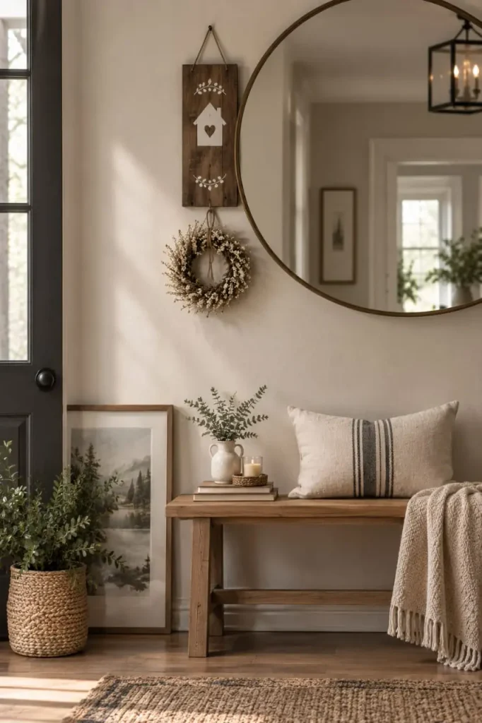 Small wood house sign layered above a dried wreath in front of a large round mirror over a bench