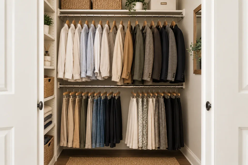 	Closet inspo ideas with double hanging rods holding shirts on top and pants below