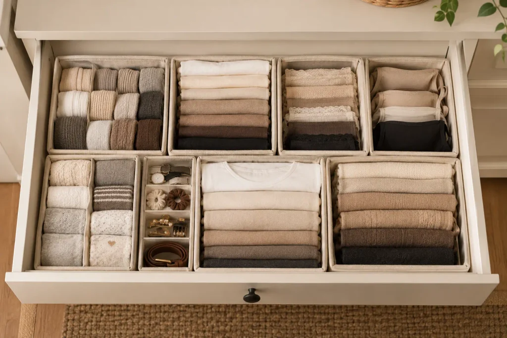 Fabric bins holding rolled socks, folded tees, and underwear in an open drawer