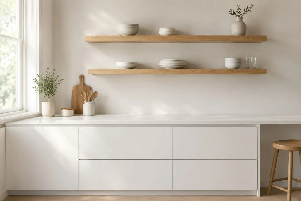 White flat panel cabinets with two floating wood shelves, a plant, and a wooden stool in a bright kitchen