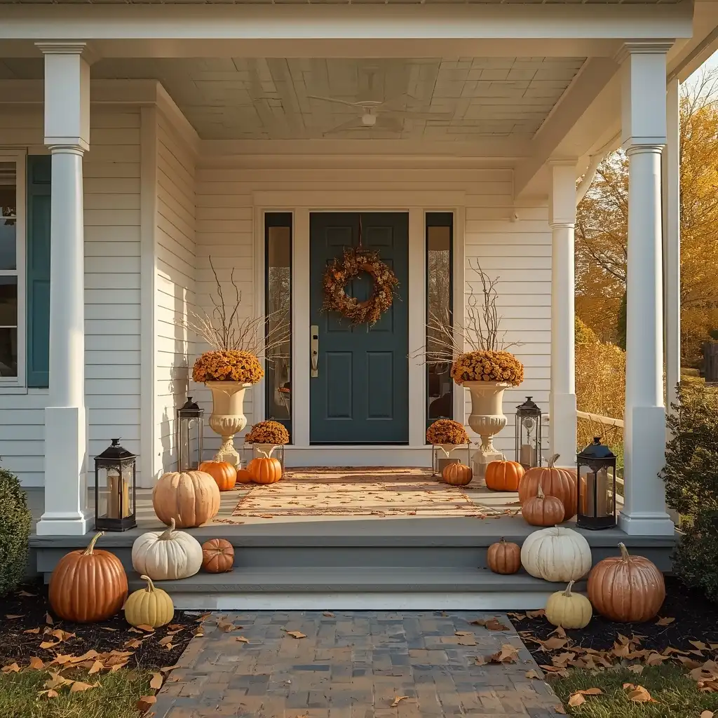 White farmhouse wraparound porch with a teal front door, cream, orange, and dusty blue pumpkins on the steps, copper mums, and black lanterns
