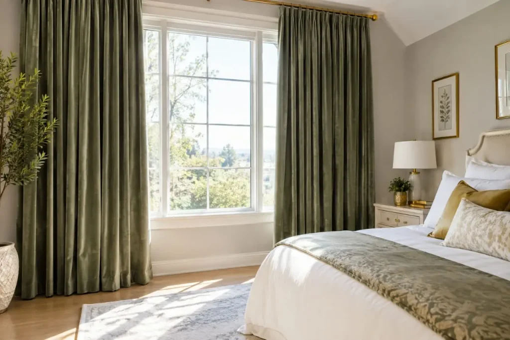 Sage green floor to ceiling drapes beside a white bed with an olive throw and gold pillows