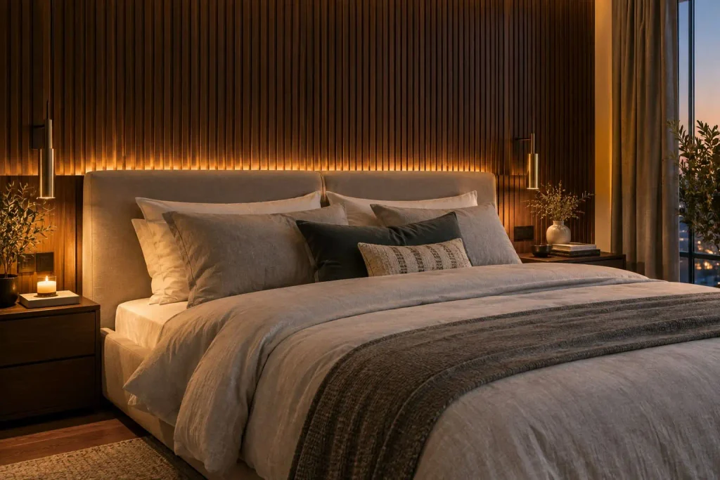 Fluted wood slat wall with hidden warm lighting behind a bed with grey and white linens
