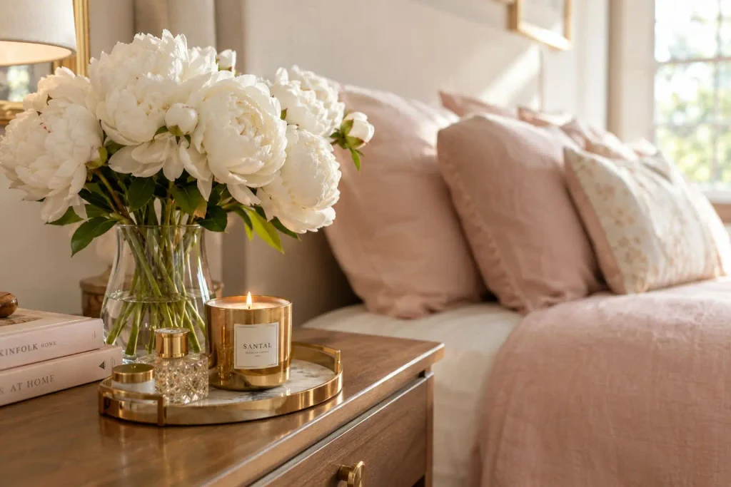 White peonies in a glass vase and a lit candle on a gold tray beside blush pink bedding