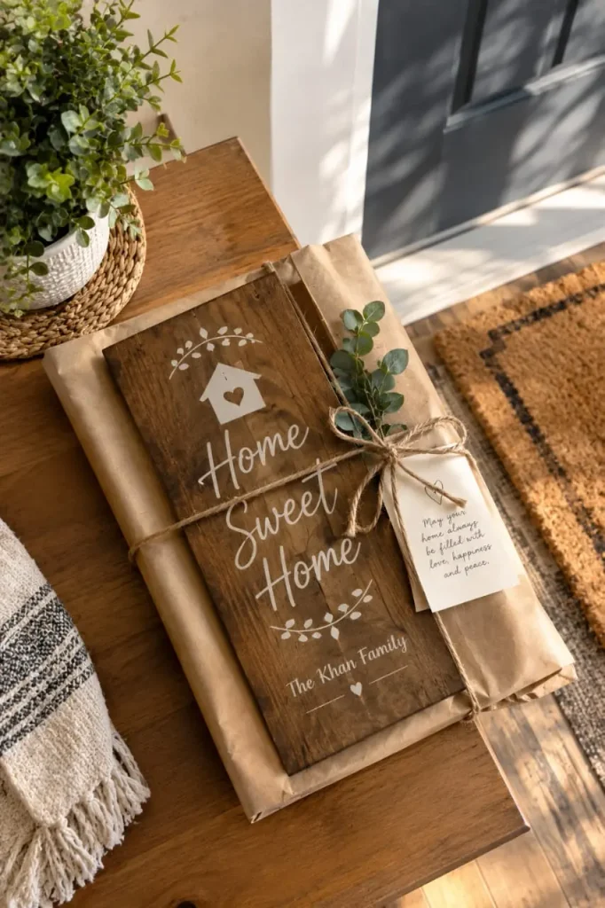 Wood home sweet home sign with a family name wrapped in kraft paper and twine with a eucalyptus sprig