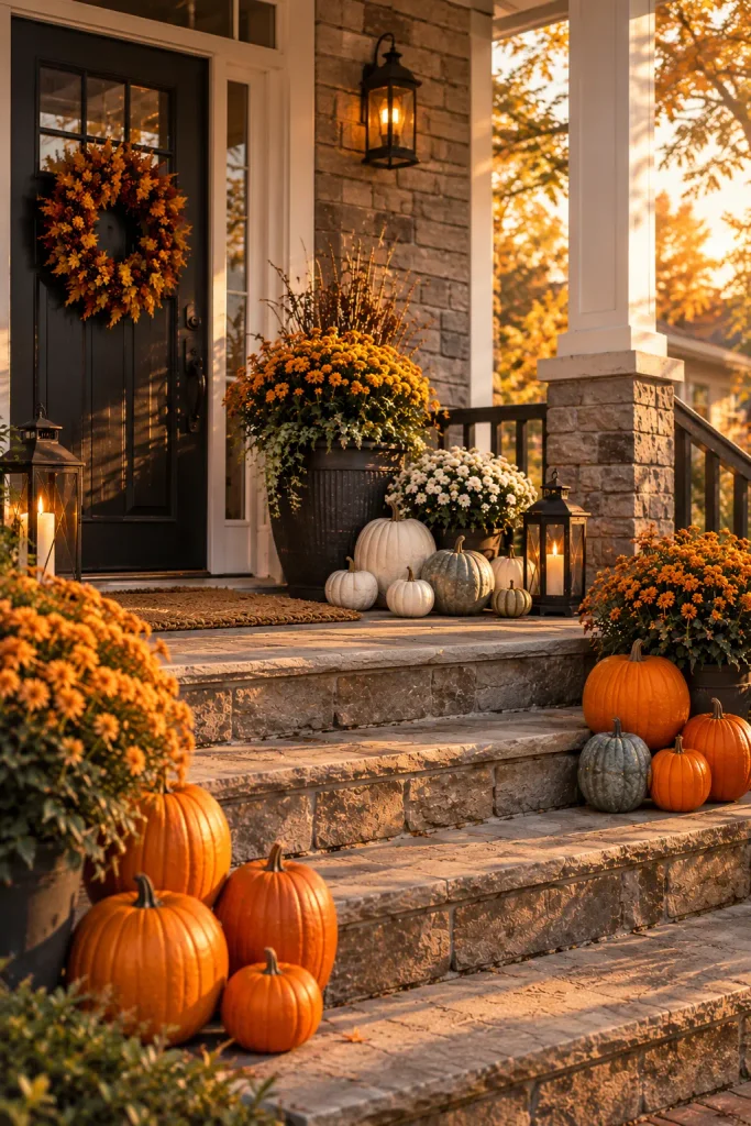 Pumpkins grouped by color on front porch steps