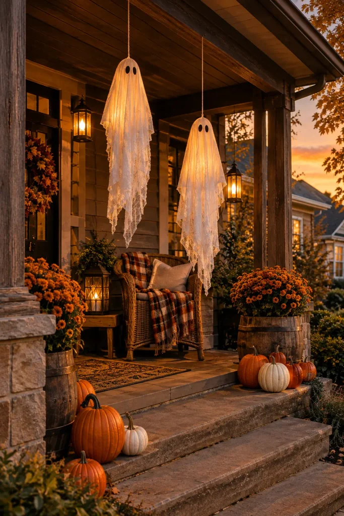 Fall Porch Decor Ideas for 2026 hanging cheesecloth ghosts on porch