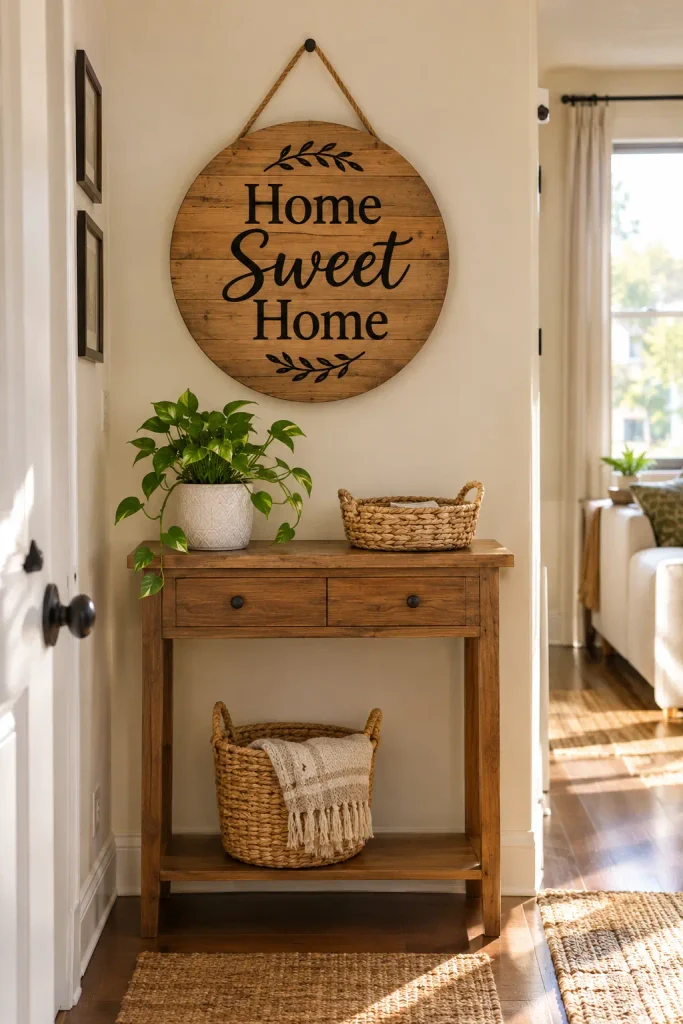 Round wood home sweet home sign above an entryway console table with a plant and woven baskets