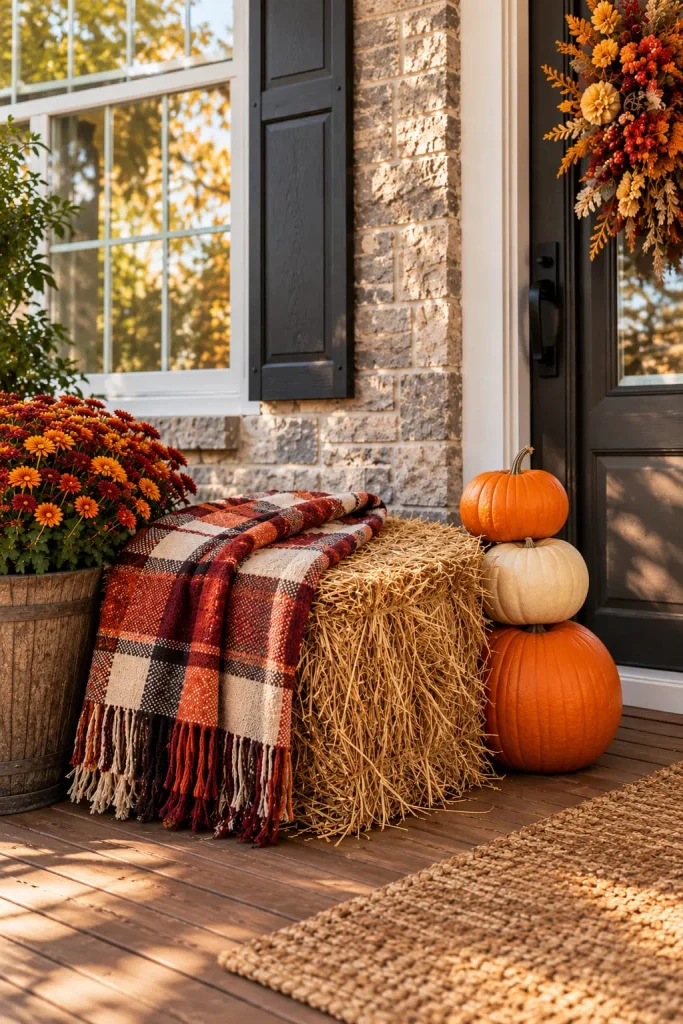 Hay bale bench with plaid blanket and pumpkins on porch