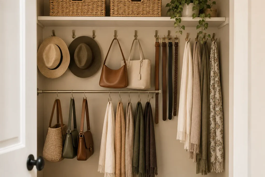 Hats on wall hooks and handbags on a rail inside a small closet