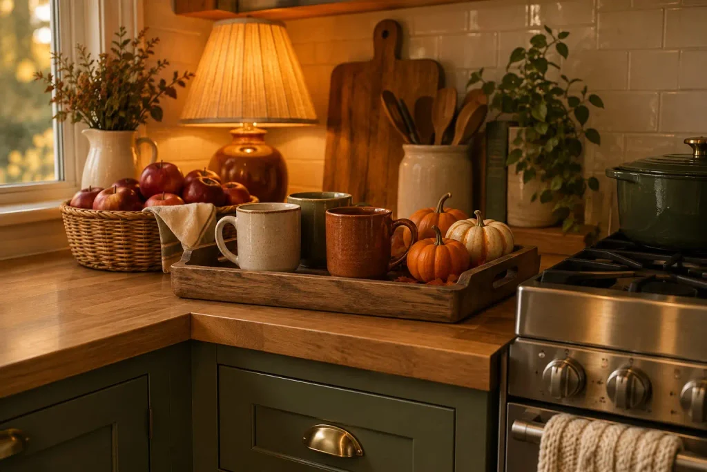 Amber table lamp glowing on a wood counter with mini pumpkins, mugs, and plants in a cozy kitchen