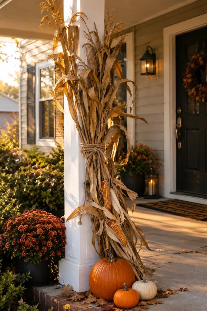 Dried corn stalks tied to porch post for fall decor 2026