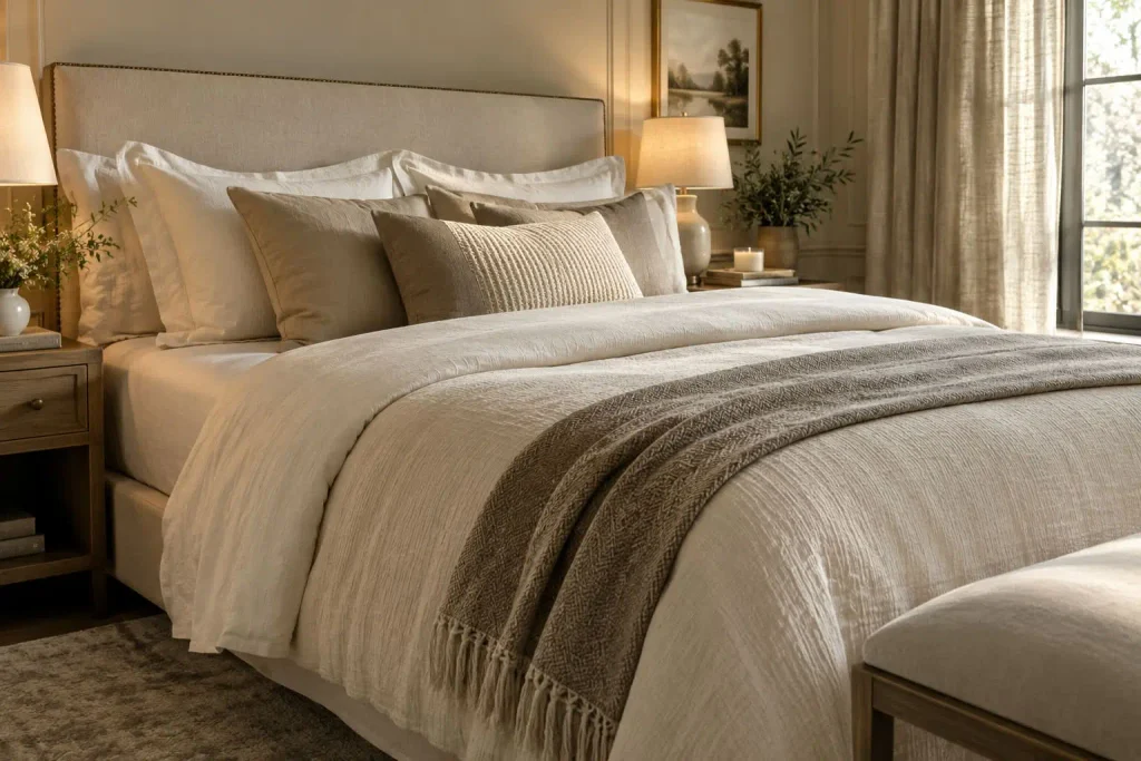 Modern luxury bedroom design with layered white bedding, ivory and sand pillows, and a taupe knit throw