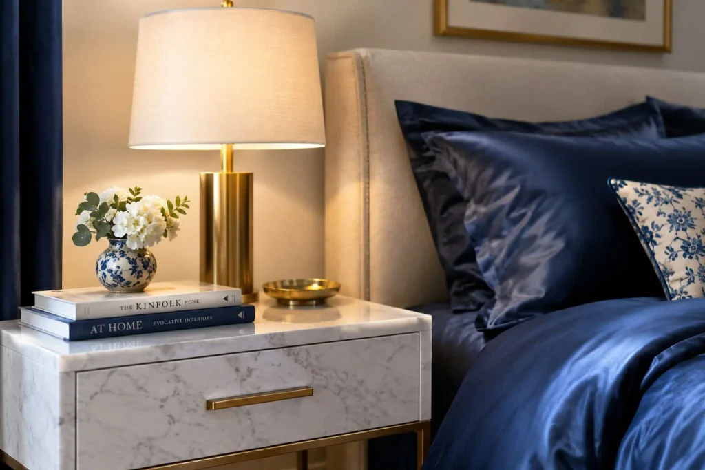 White marble nightstand with a brass lamp, books, and flowers beside navy satin bedding