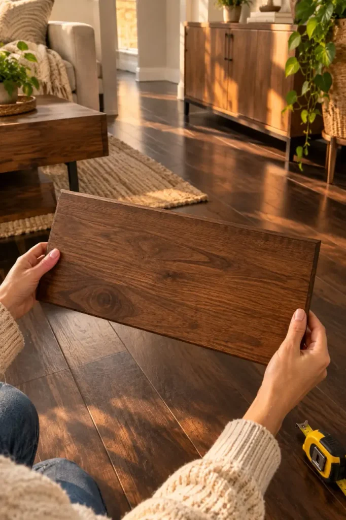 Hands holding a walnut wood board against dark wood floors to compare tones
