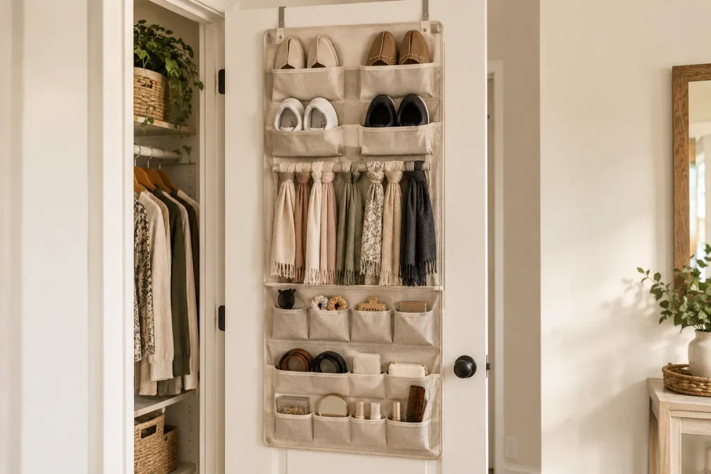 Clear pocket organizer with shoes and accessories on the back of a closet door